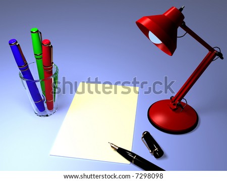Fountain pens with a table lamp three-dimensional model
