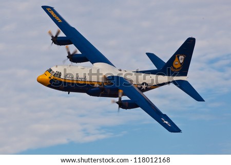 VIRGINIA BEACH - MAY 21:US Navy Blue Angels nickname Fat Albert Hercules C130 performing demo on May 21, 2012 in Virginia Beach \