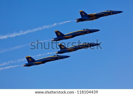 PENSACOLA, FL - NOVEMBER 2:US Navy Blue Angels in F-18 Hornet planes perform in air show routine in Pensacola, FL on November 2, 2012. Blue Angels are the oldest active aerobatic team in the world
