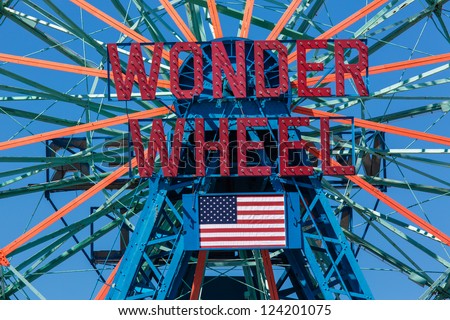 NEW YORK - AUGUST 12: Wonder Wheel located at Deno\'s Wonder Wheel Amusement Park in Coney Island NY on August 12, 2012. Wonder Wheel was build in 1920 and was declared a historic landmark in 1989