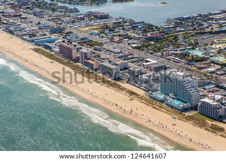 OCEAN CITY - AUGUST 4: Aerial view of Ocean City, Maryland on August 4,2012. Ocean City MD is one of the most popular beach resorts on the East Coast and considered one of the cleanest in the country