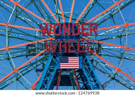 NEW YORK - AUGUST 25: Wonder Wheel located at Deno\'s Wonder Wheel Amusement Park in Coney Island NY on August 25, 2012. Wonder Wheel was build in 1920 and was declared a historic landmark in 1989