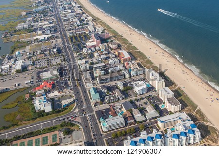 OCEAN CITY - SEPTEMBER 1: Aerial view of Ocean City Maryland on September 1 2012 Ocean City MD is one of the most popular beach resorts on the East Coast and considered one of the cleanest in country