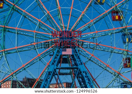 NEW YORK - SEPTEMBER 29: Wonder Wheel located at Deno's Wonder Wheel Amusement Park in Coney Island NY on September 29 2012. Wonder Wheel was build in 1920 and was declared a historic landmark in 1989