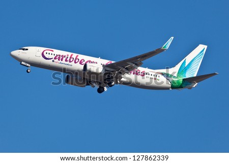 NEW YORK - DECEMBER 9:Boeing 737 Caribbean approaches JFK in New York, USA on December 9, 2012 Caribbean Airlines is national airline of Trinidad and Tobago is also flag carrier of Jamaica