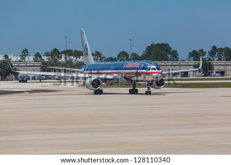ORLANDO - SEPTEMBER 4: Boeing 767 American Airline lining up on Orlando Airport runway located in Orlando USA on September 4 2012. American Airline is one of the biggest and oldest airline in world