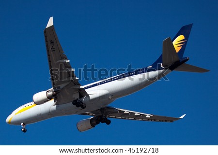 NEW YORK - JANUARY 6: A Boeing 767 jet Airways arrives at JFK Airport on Runaway 31R on January 6, 2010 in New York.