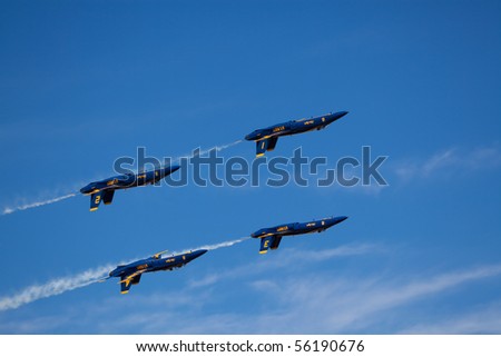 WASHINGTON DC, ANDREWS AFB- MAY 15: US Navy Demonstration Squadron Blue angels, flying on Boeing F/A-18 showing precision of flying and the highest level of pilot skills on May 15, 2010 in Washington DC.