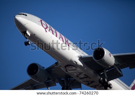 NEW YORK - MARCH 6: Qatar Boeing 767 on final to JFk in New York, USA on March 6, 2011. Qatart is rated top 3 best airlines in the world. Is also rated the as a \
