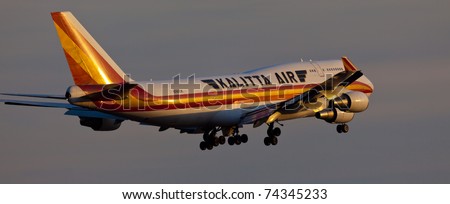 NEW YORK - MARCH 8: Boeing 747 Kalitta approaching JFK in New York, USA on March 8, 2011. Kalitta provides domestic and international scheduled cargo service and support for US Department of Defense