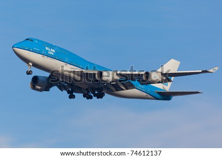 NEW YORK - MARCH 25: KLM Boeing 747 on approach to JFK Airport located in New York, USA on March 25, 2011. KLM is one of the biggest airlines in the world and serves over 200 destinations