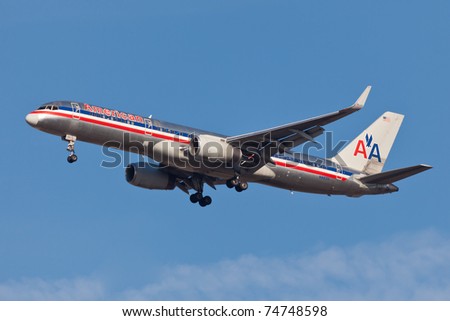 NEW YORK - JANUARY 16: Boeing 757 American Airline approaches JFK in New York, USA on January 16, 2011. American Airline is on of the oldest american airlines and one of the biggest in the world