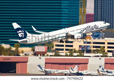 LAS VEGAS - NOVEMBER 12: Boeing 767 Alaska climbs after take off from McCarran in Las Vegas, USA on November 12, 2010. Alaska\'s route system spans more than 92 cities in United States, Canada, and Mexico