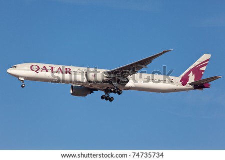 NEW YORK - MARCH 8: Qatar Boeing 767 on final to JFK in New York, USA on March 8, 2011. Qatar is rated top 3 best airlines in the world. Is also rated the as a \