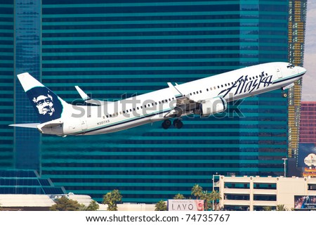 LAS VEGAS - NOVEMBER 12:Boeing 767 climbs after take off from McCarren in Las vegas, USA on November 12, 2010.  Alaska\'s route system spans more than 92 cities in United States, Canada, and Mexico