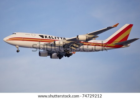 NEW YORK - MARCH 8: Boeing 747 Kalitta approaching JFK in New York, USA on March 8, 2011. Kalitta provides domestic and international scheduled cargo service and support for US Department of Defense