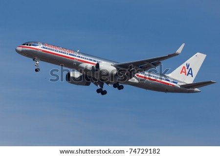 NEW YORK - MARCH 5: Boeing 757 American Airline arriving JFK in New York, USA on March 5, 2011. American Airline is one of the oldest Airlines in the world and one of the biggest in USA