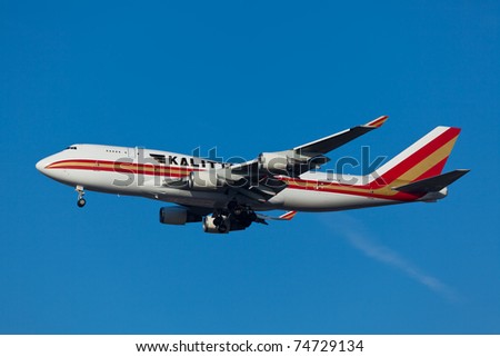 NEW YORK - MARCH 1: Boeing 747 Kalitta approaching JFK in New York, USA on March 1, 2011. Kalitta provides domestic and international scheduled cargo service and support for US Department of Defense