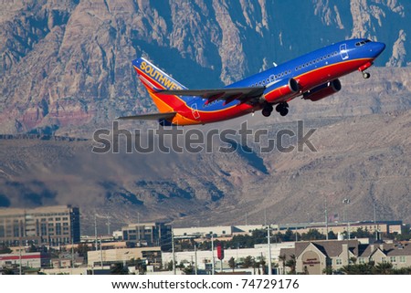 LAS VEGAS - NOVEMBER 14:Boeing 737 Southwest airline climbs after take off from Mccarran airport in Las Vegas, USA on November 14, 2010 Southwest is the largest airline in the United States as of 2011