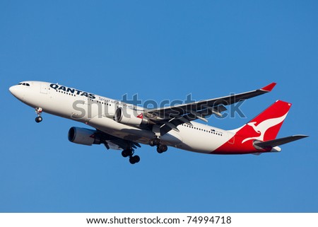 NEW YORK - JANUARY 12: Airbus A330 Arrives  at JFK in New York, USA on January 12, 2011. Qantas was voted the 6th best airline in the world by research consultancy firm Skytrax
