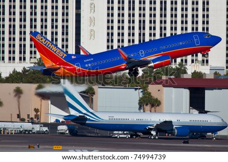 LAS VEGAS - NOVEMBER 14: Boeing 737 Southwest airline climbs after take off from Mccarran airport in Las Vegas, USA on November 14, 2010. Southwest is largest airline in the United States as of 2011