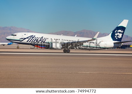 LAS VEGAS - NOVEMBER 15: Boeing 767 Alaska Airline touches down in McCarran in Las Vegas, USA on November 15, 2010. Alaska\'s route system spans more than 92 cities in United States Canada and Mexico