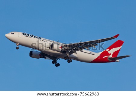 NEW YORK - JANUARY 12: Airbus A330 Arrives at JFK in New York, USA on January 12, 2011. Qantas was voted the 6th best airline in the world by research consultancy firm Skytrax