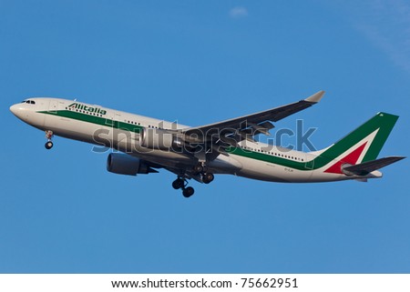NEW YORK - MAY 20: AlItalia Boeing 767 on final approach to JFK airport located ion New York, USA on May 20, 2010 AlItalia is a flag carrier airline of Italy and one of the biggest airlines in Europe
