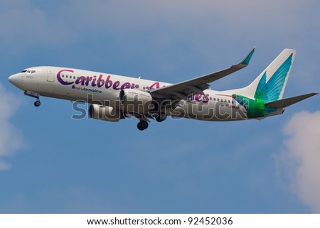NEW YORK - DECEMBER 21:Boeing 737 Caribbean on short final to JFK in New York, USA on December 21, 2011 Caribbean Airlines is national airline of Trinidad and Tobago is also flag carrier of Jamaica
