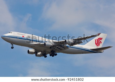 NEW YORK - DECEMBER 21:B747 China Air on final approach to JFK airport in New York on December 21, 2011 Air China is is flag carrier of People\'s Republic of China and world\'s 10th largest airline