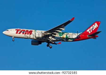 NEW YORK, JANUARY 9:Boeing 767 TAM Airline on final approach to JFK in New York on December 9, 2012. TAM is Latin America's largest airline and operate fleet of over 150 aircraft
