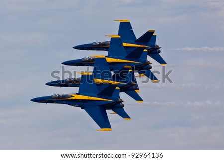 PENSACOLA, FL - NOVEMBER 11:US Navy Blue Angels in F-18 Hornet planes perform in air show routine in Pensacola, FL on November 11, 201. Blue Angels are the oldest active aerobatic team in the world