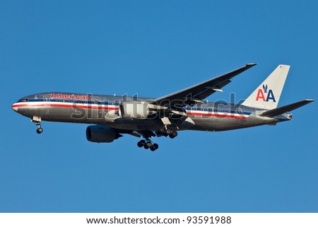 NEW YORK - JANUARY 17:Boeing 777 American Airline approaches JFK in New York, USA on January 17, 2012 American Airline is on of the oldest American airlines and one of the biggest in the world