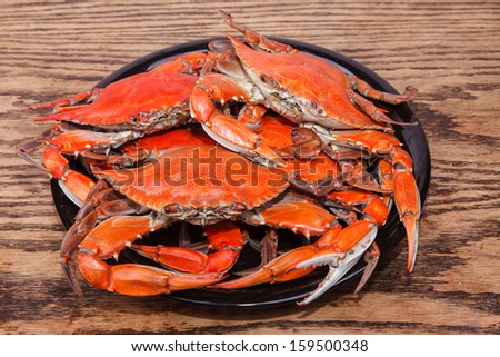 Heap of steamed Blue Crabs on a wooden table, one of the symbols of Maryland State and Ocean City, MD