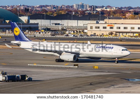 NEW YORK - OCTOBER 9: A330 Lufthansa taxiing on JFK Airport on October 9, 2013 in New York, USA. Lufthansa is the world\'s fourth-largest airline in terms of overall passengers carried.
