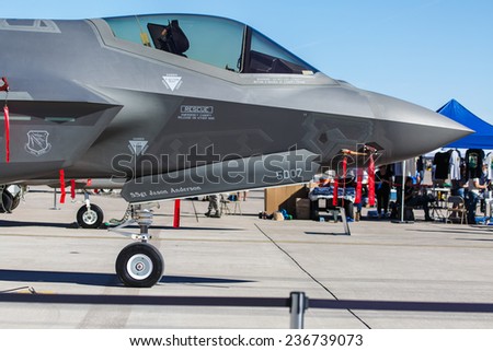 LAS VEGAS -NOVEMBER 9: F-35 fighter on static display at Aviation Nation at Nellis AFB on November 9,2014 in Las Vegas,NV. It is the world\'s most advanced multi-role fighter.