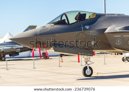 LAS VEGAS -NOVEMBER 9: F-35 fighter on static display at Aviation Nation at Nellis AFB on November 9,2014 in Las Vegas,NV. It is the world\'s most advanced multi-role fighter.