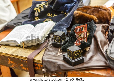 NEW YORK - DECEMBER 26: Jewish ritual items called Tefillin and prayer book in the famous 770 Chabad Lubavitch headquarter and home to last Chabad leader Menachem Mendel Schneerson on December 26 2014