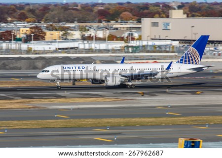 NEW YORK - NOVEMBER 3: Boeing 757 United Airlines taxiing on JFK International Airport on November 3, 2013 in New York, USA. Boeing 757 was designed to replace Boeing 727 and entered service in 1983.