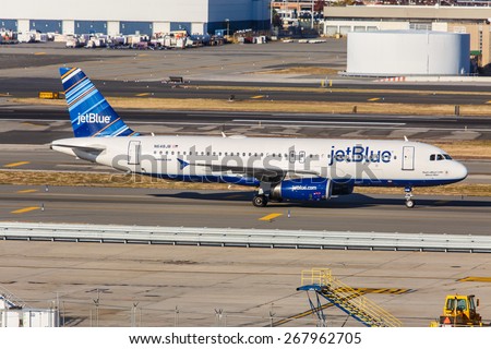 NEW YORK - NOVEMBER 3: Airbus A320 JetBlue taxis at JFK Airport in New York, NY on November 3, 2013. A320 was the first narrow body airliner from Airbus. It is the biggest competition to Boeing 737.