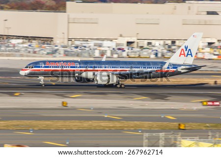 NEW YORK - NOVEMBER 3: Boeing 757 American Airlines taxis at JFK Airport in New York, NY on November 3, 2013. JFK Airport is New York\'s main international airport opened in 1948.