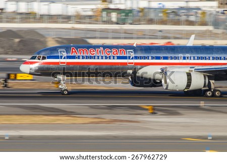 NEW YORK - NOVEMBER 3: Boeing 757 American Airlines taxis at JFK Airport in New York, NY on November 3, 2013. JFK Airport is New York\'s main international airport opened in 1948.