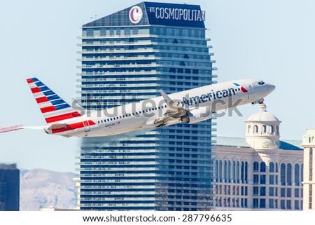 LAS VEGAS - NOVEMBER 3: Boeing 737 American Airlines takes off from McCarran Airport in Las Vegas, NV on November 3, 2014. American Airlines is one of the oldest airlines in United States.