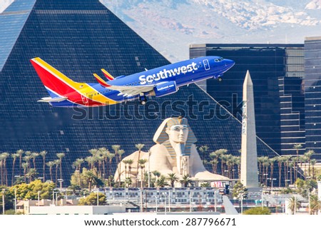 LAS VEGAS - NOVEMBER 3: Boeing 737 Southwest Airlines takes off from McCarran in Las Vegas, NV on November 3, 2014. Southwest is a major US airline and the world\'s largest low-cost carrier.
