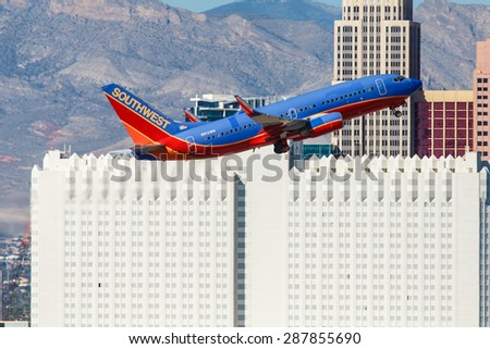 LAS VEGAS - NOVEMBER 3: Boeing 737 Southwest Airlines takes off from McCarran in Las Vegas, NV, USA on November 3, 2014. Southwest is a major US airline and the world\'s largest low-cost carrier.