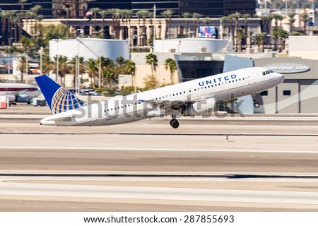 LAS VEGAS - NOVEMBER 3: Airbus A320 United Airlines takes off from McCarran Airport in Las Vegas, NV on November 3 2014. United is a major US airline. It has the worlds most rewarding loyalty program.