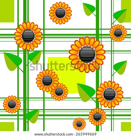 vector seamless  pattern with flowers sunflower with squares