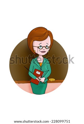 School teacher near brown school desk with pointer in her hands
