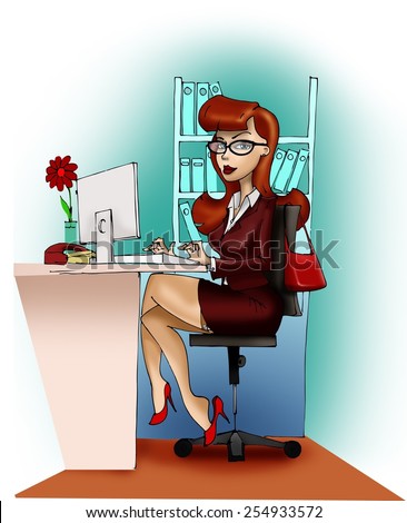Beautiful secretary at the work, flower on the table, red bag on chair back.