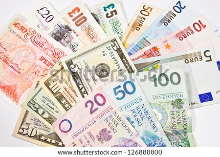 Dollar, Euro, Pound, PLN, Currency of the United States, England, Polish and Euro